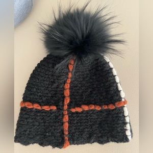 Frye Black Fur Pom Pom Beanie Knit Hat